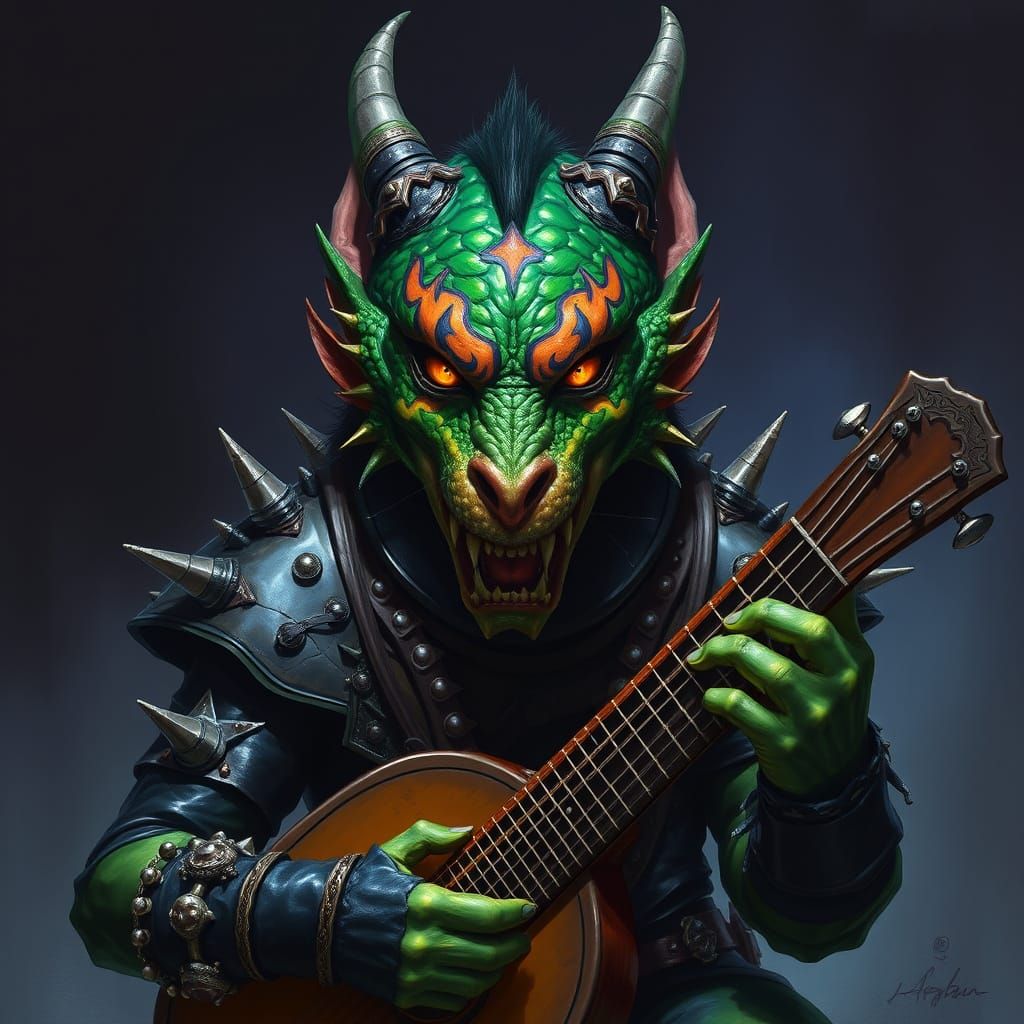 Demonic Kobold Bard in Emerald Green Armor with KISS Style F...