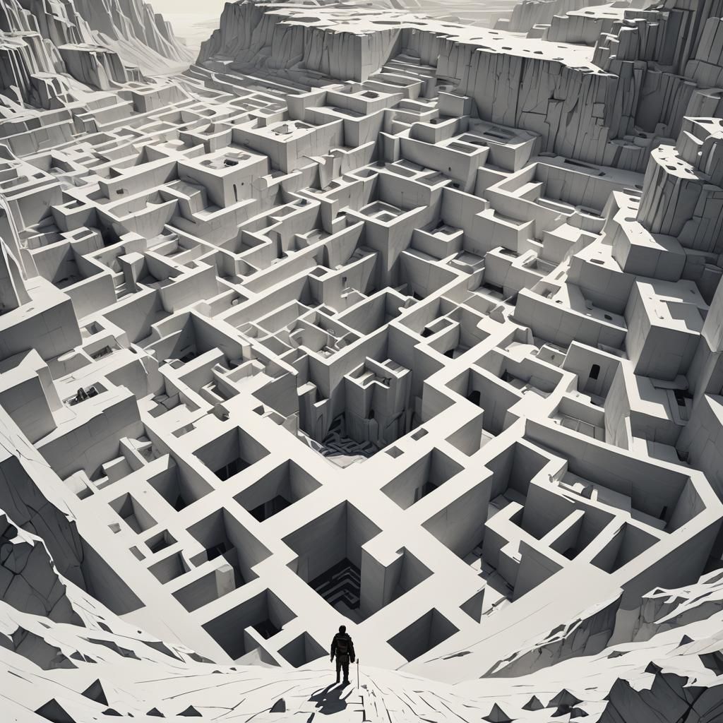 Sci-Fi Hero in Endless White Labyrinth