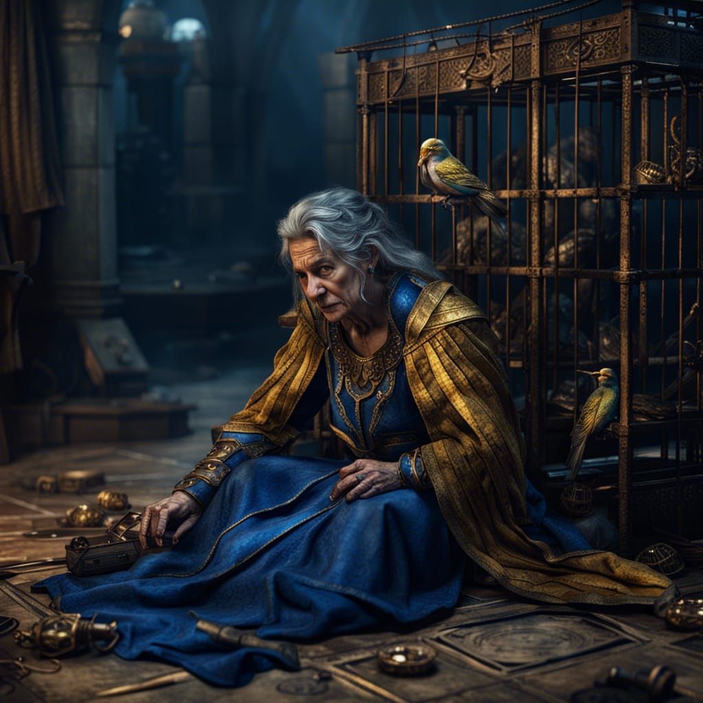 Distraught Dwarven Woman with Broken Cages: Fantasy Art