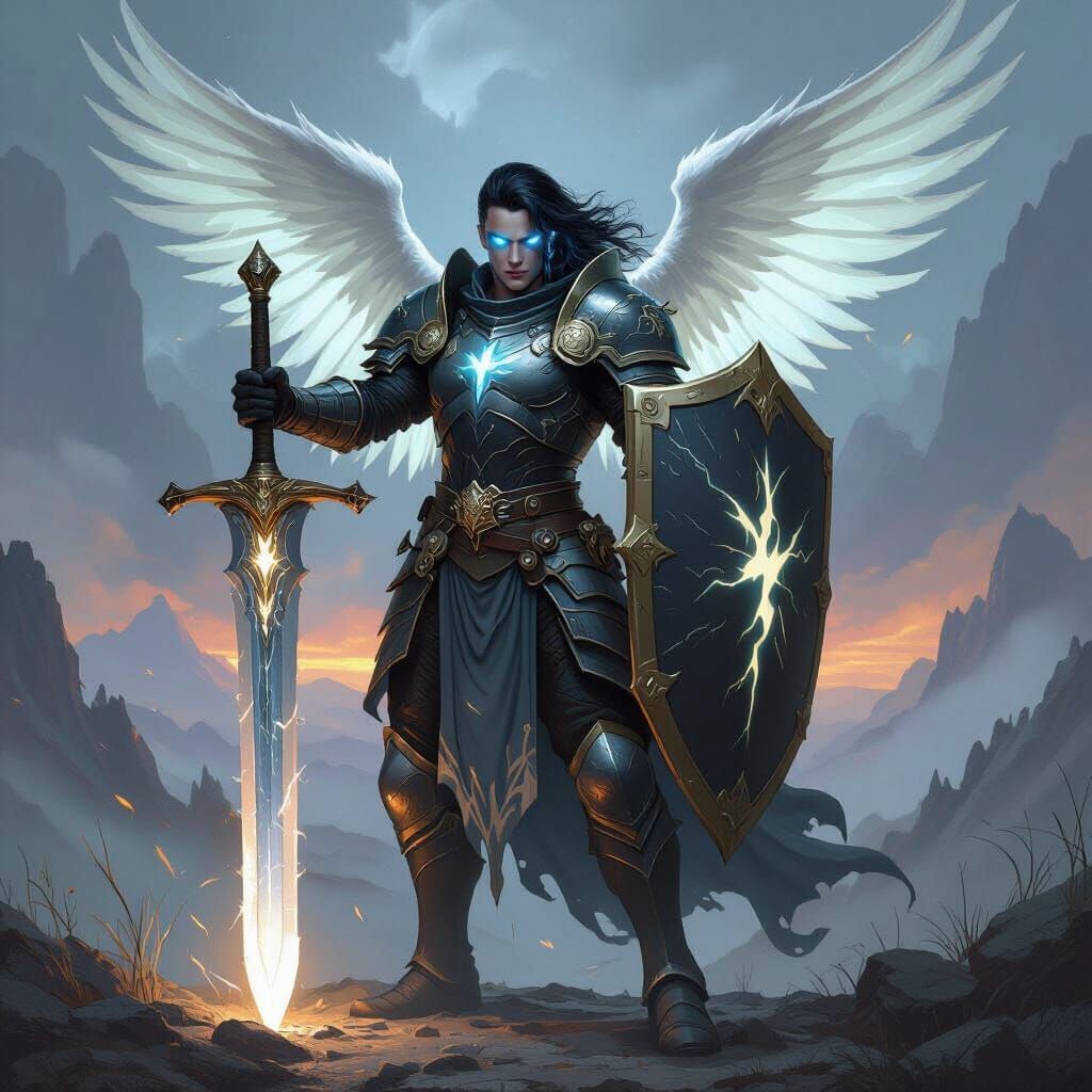 Aasimar Paladin with Greatsword in Fantasy Landscape