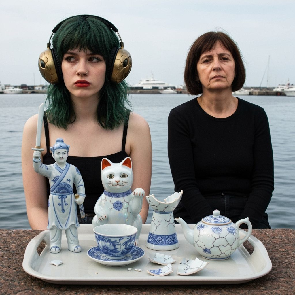 Bored Girl with Porcelain Figurines: Photorealistic Image