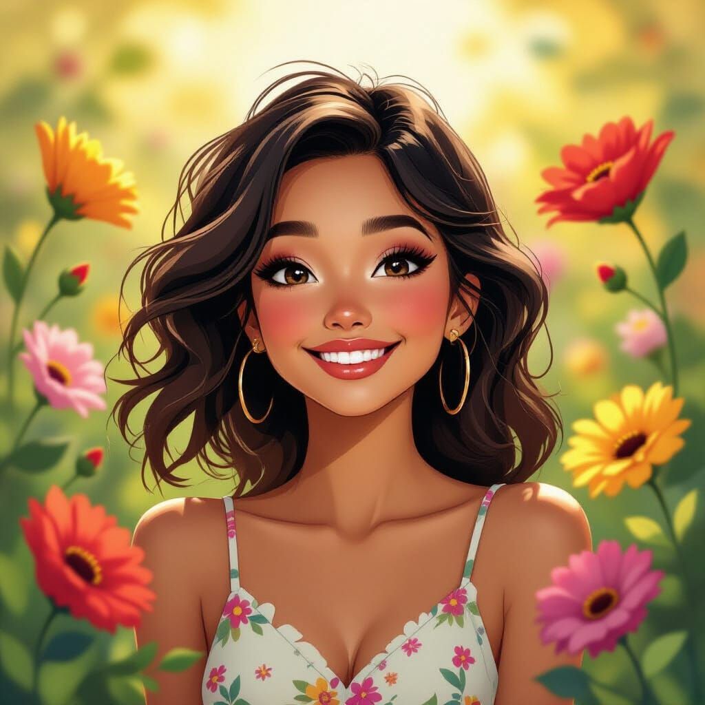 Smiling Woman in Floral Sunlight, Dreamy Art Style