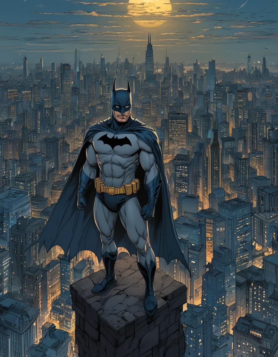 Batman Heroic Stance in Gotham, Comic Book Art
