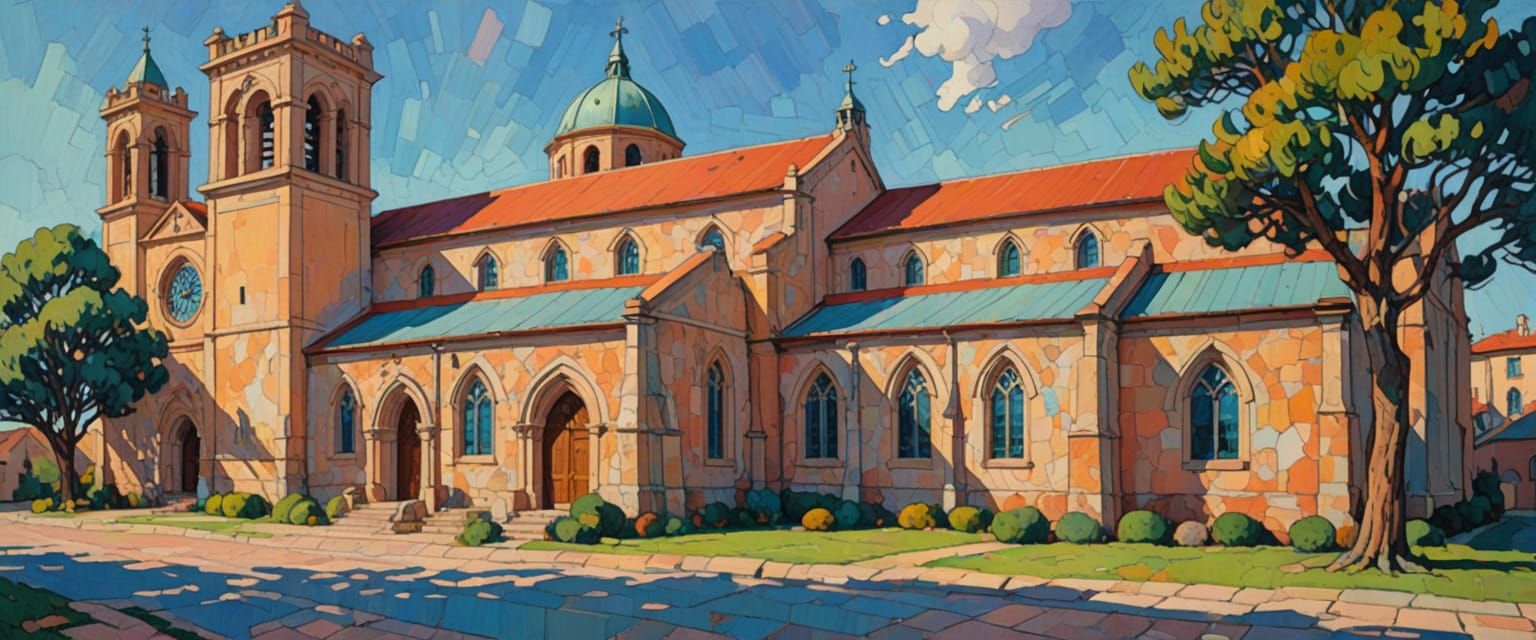 Sunlit Church in Gouache with Volumetric Lighting