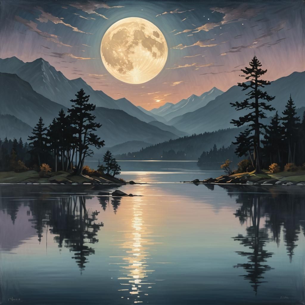 Impressionistic Full Moon Over Serene Landscape