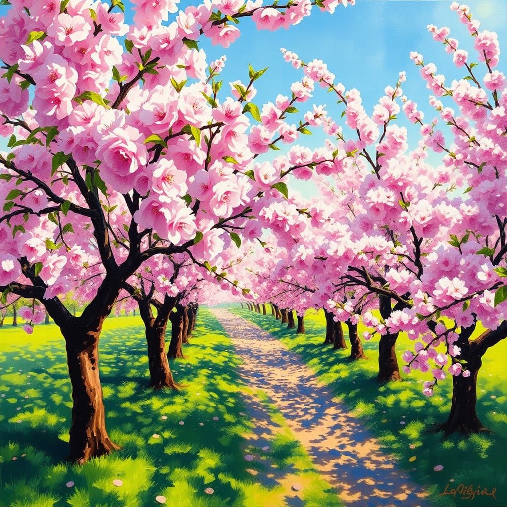 Cherry Orchard Painting in Impressionist Style