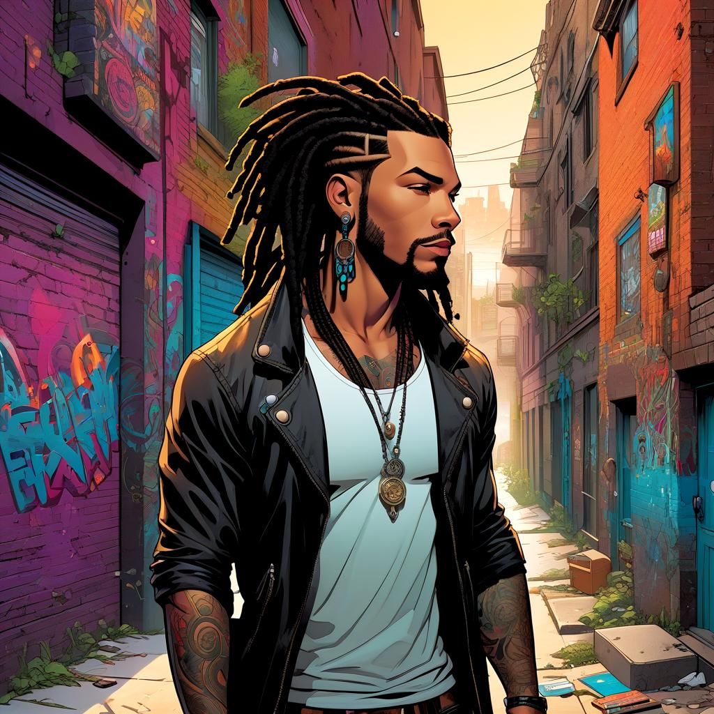 Comic Book Illustration of Man with Dreads in Alley
