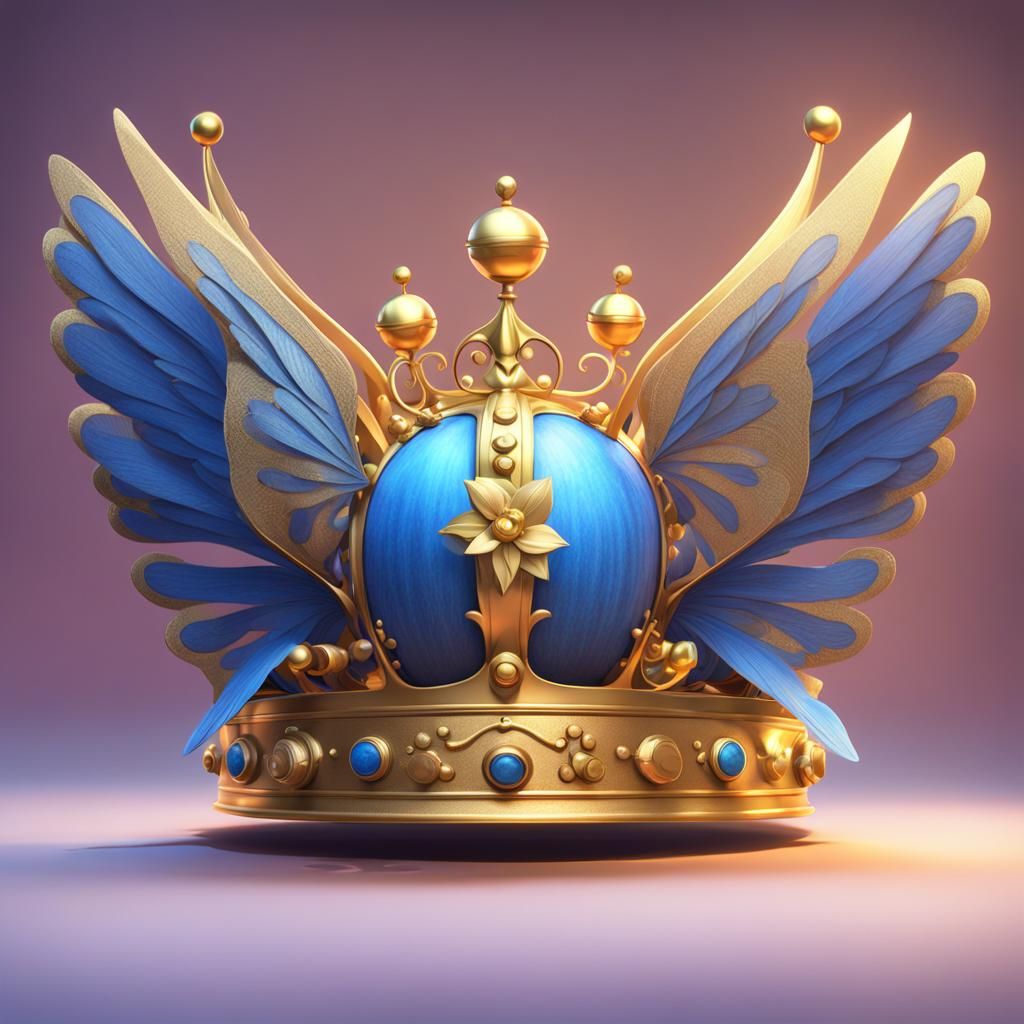 Fairy with Blue Wings and Gold Crown in 3D