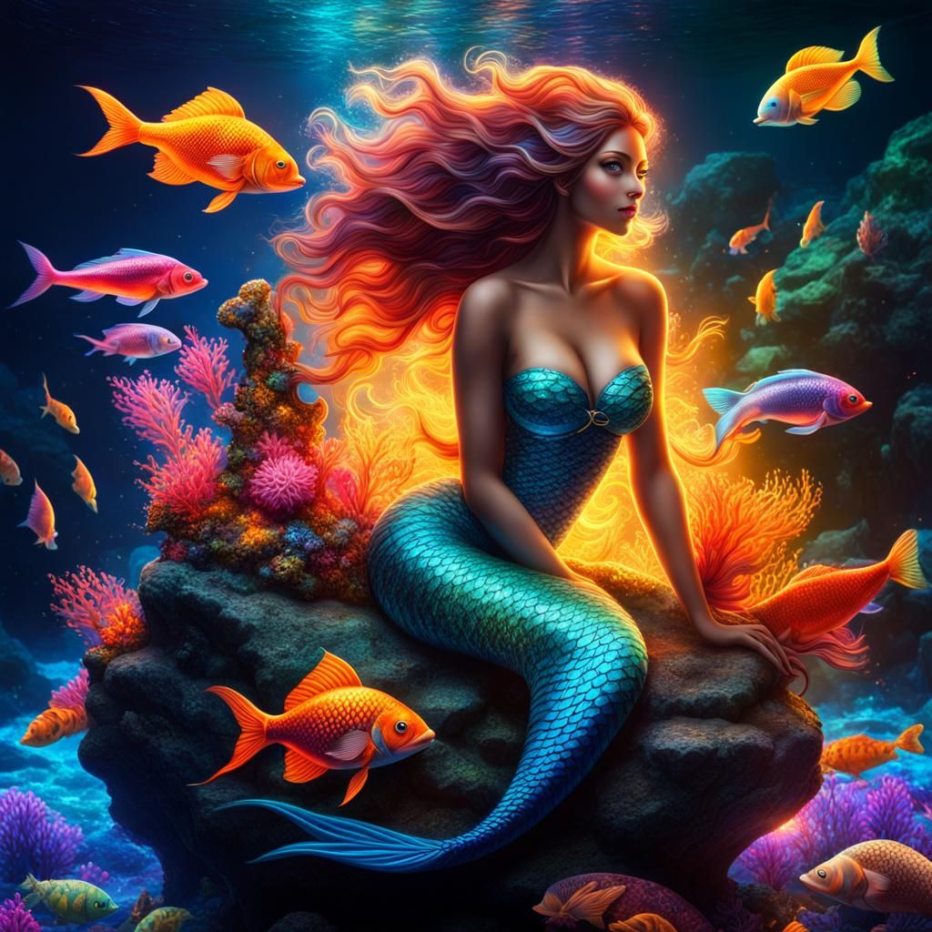 Glowing Mermaid in Colorful Ocean Scene