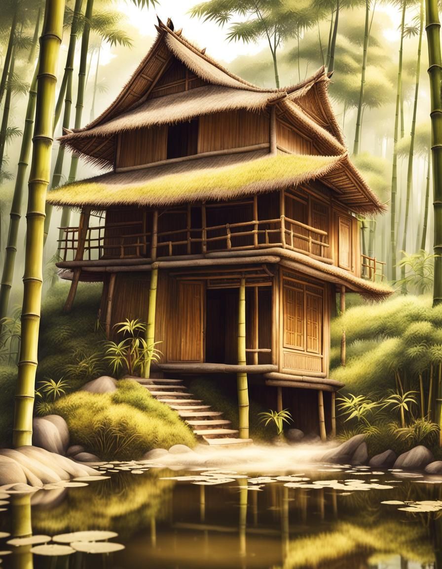 Traditional Bamboo Cottage in Forest with Pond