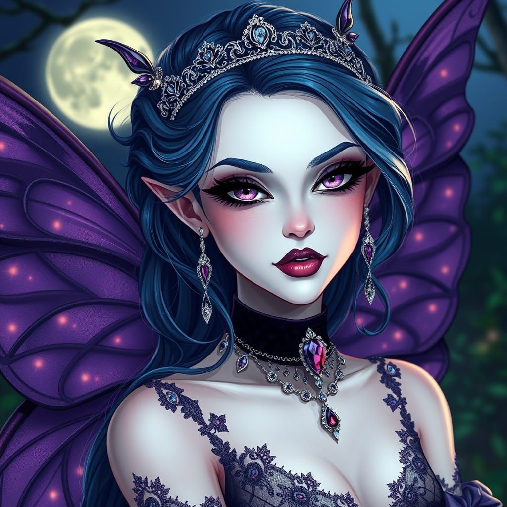 Gothic Faerie Queen with Violet Eyes and Silver Adornments