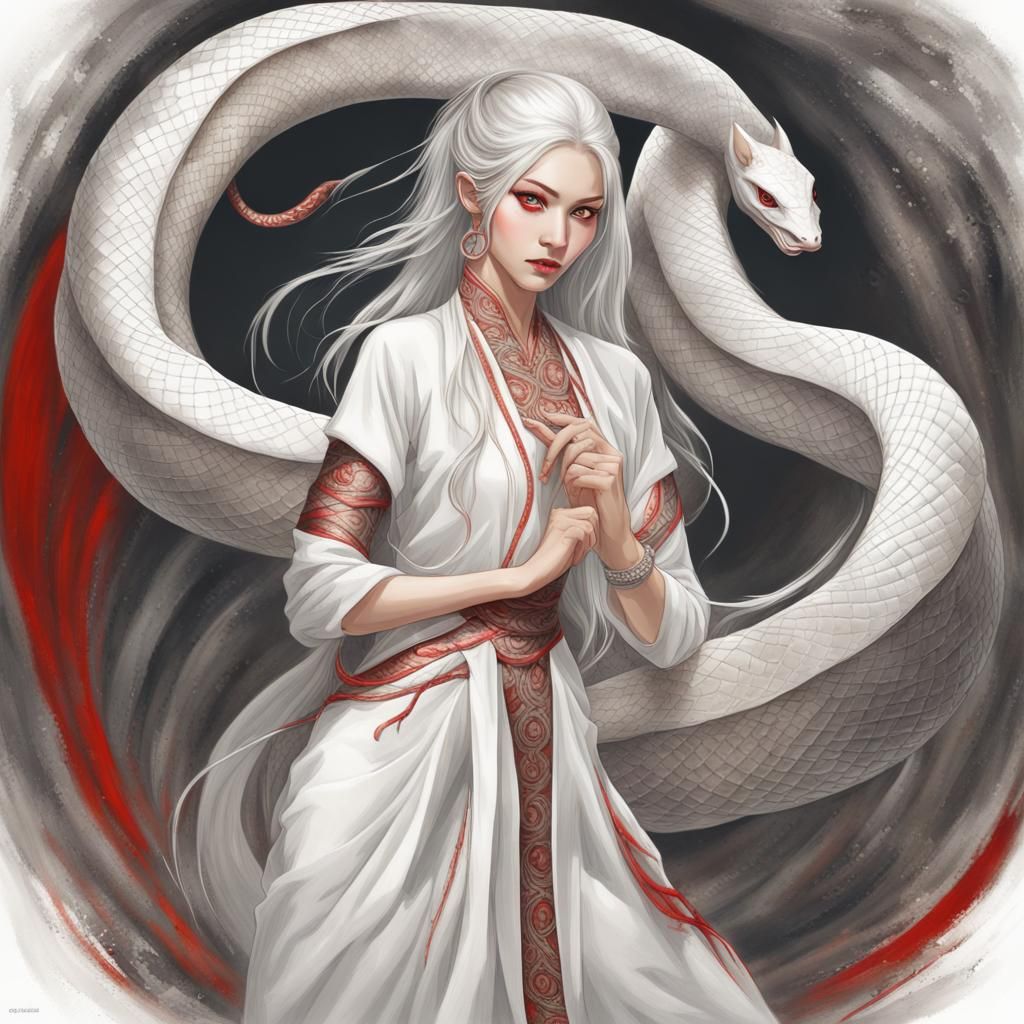 Oriental Snake Demon with Nine Snakes in Abstract Art