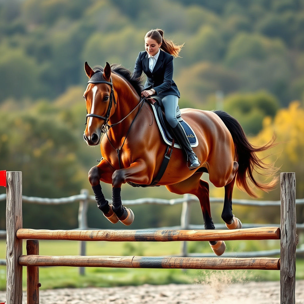 Elegant Rider in Mid-Air Jump on Majestic Bay Horse