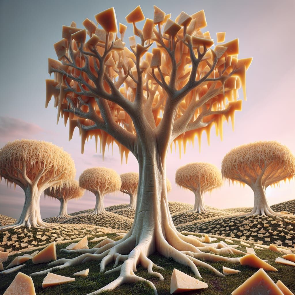 Parmesan Cheese Trees in Surreal Landscape