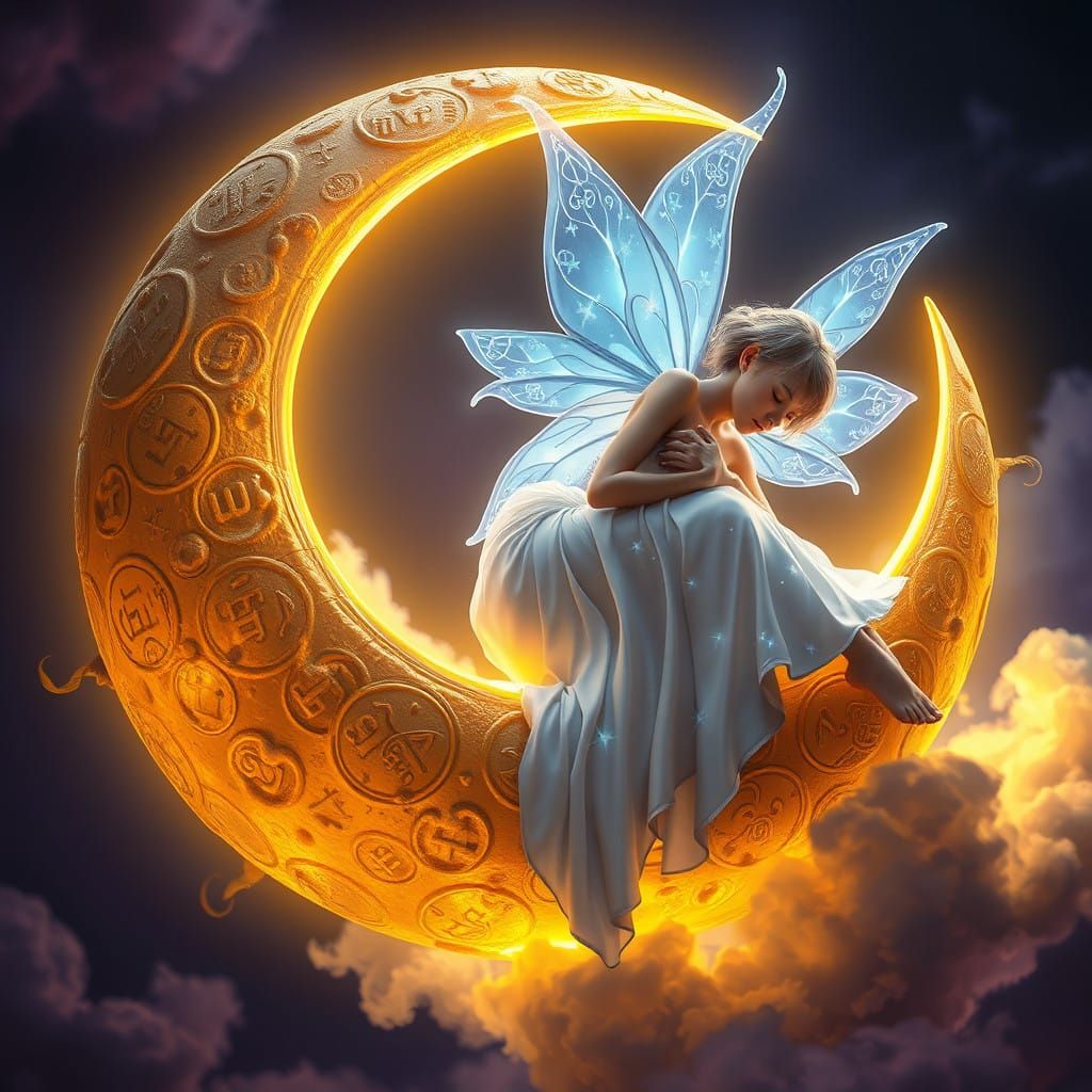 Ethereal Fairy Reclines on a Radiant, Textured Moon
