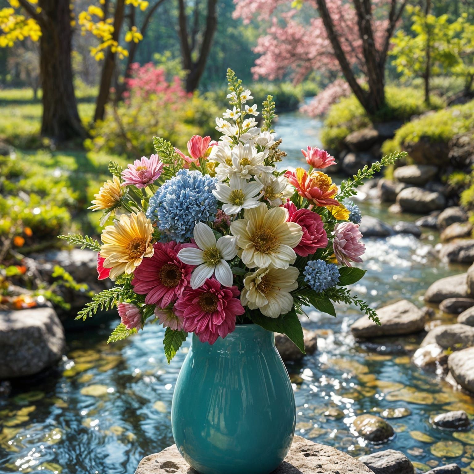 Spring Bouquet in Turquoise Vase: Hyperrealistic Splash Art