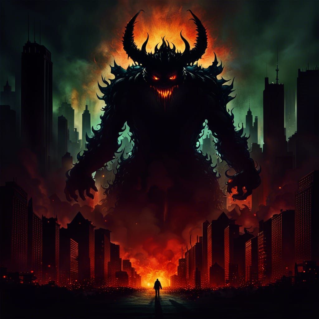 Giant Shadow Demon Over Floating City: Fantasy Art