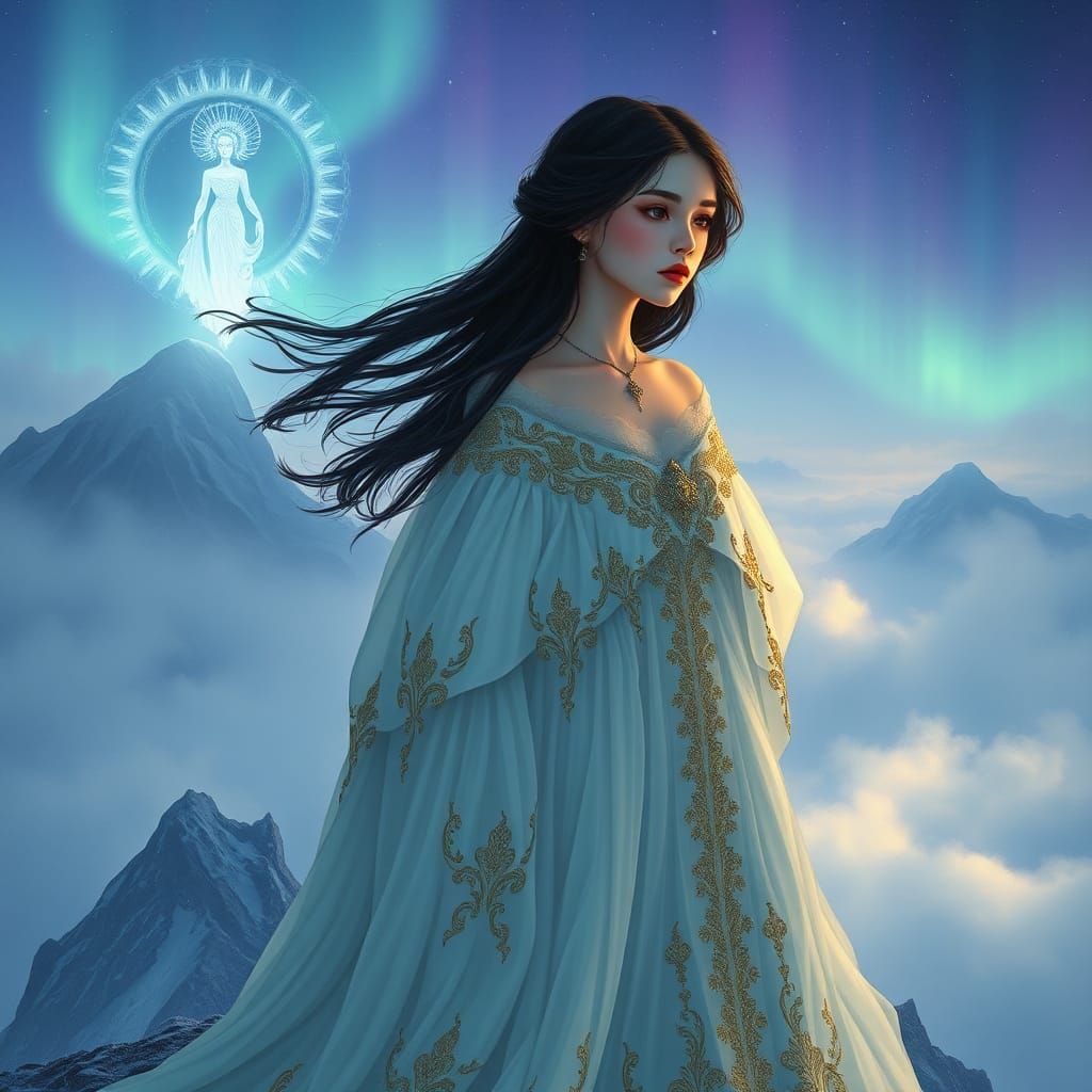 Ethereal Woman Gazing at Goddess in Fantasy Landscape
