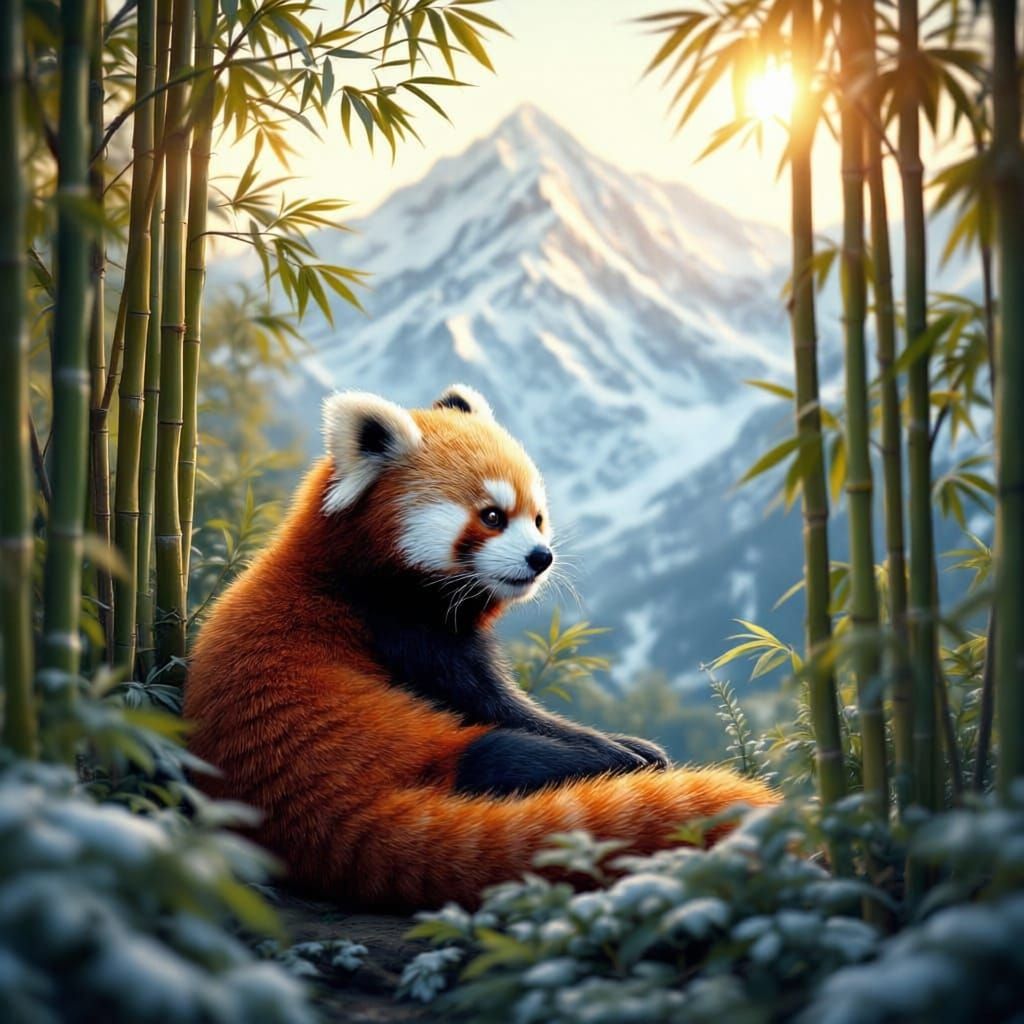 Cute Red Panda in Bamboo Grove with Himalayan View
