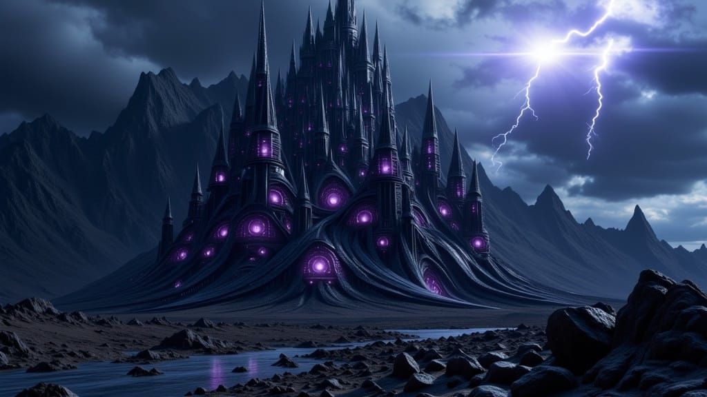 Dark Futuristic Citadel Built into a Mountainous Landscape