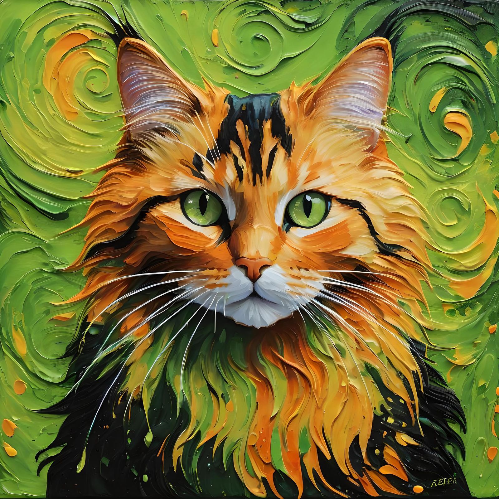 Abstract Impasto Painting of an Orange Cat