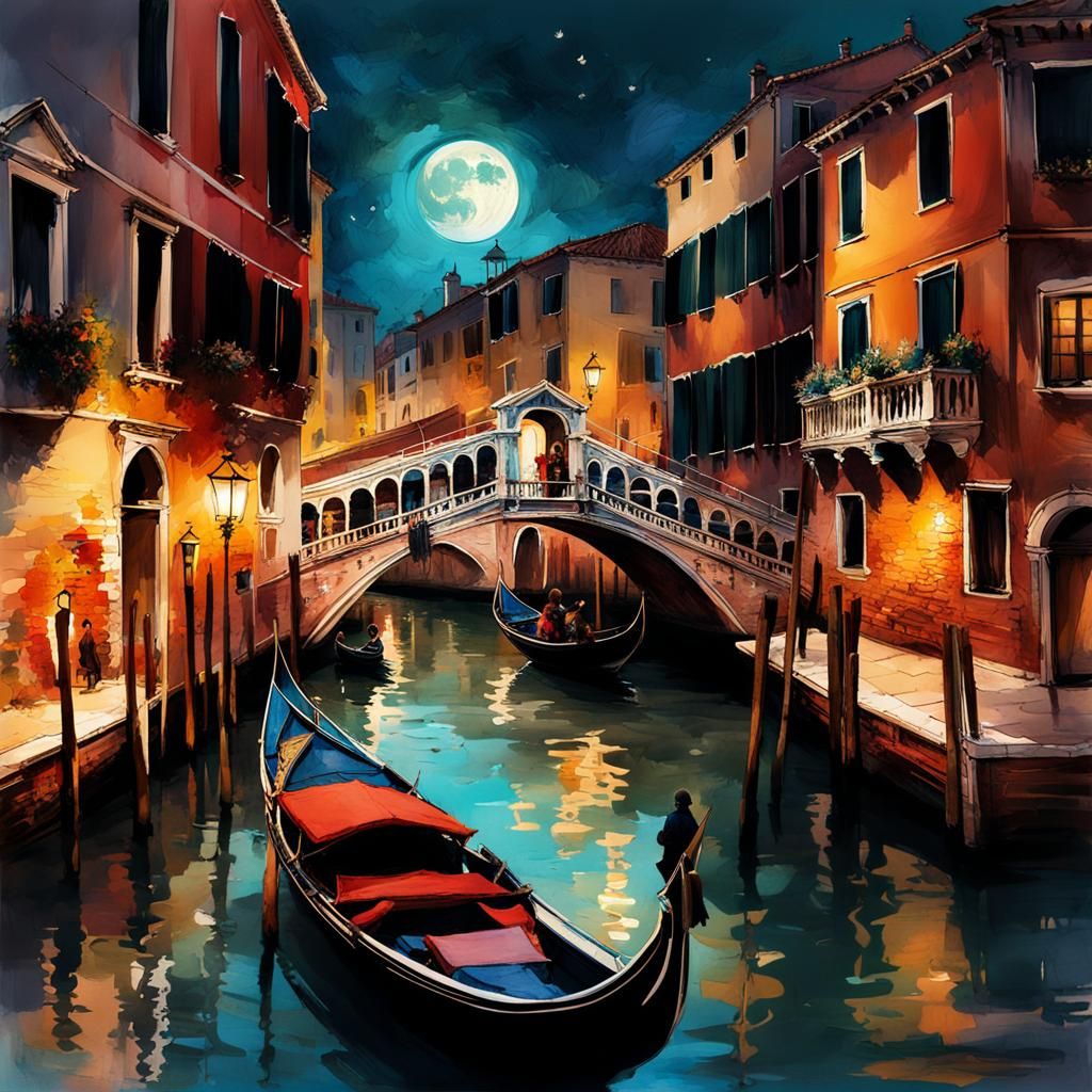 Nighttime Venice Reflection: Digital Watercolor Illustration