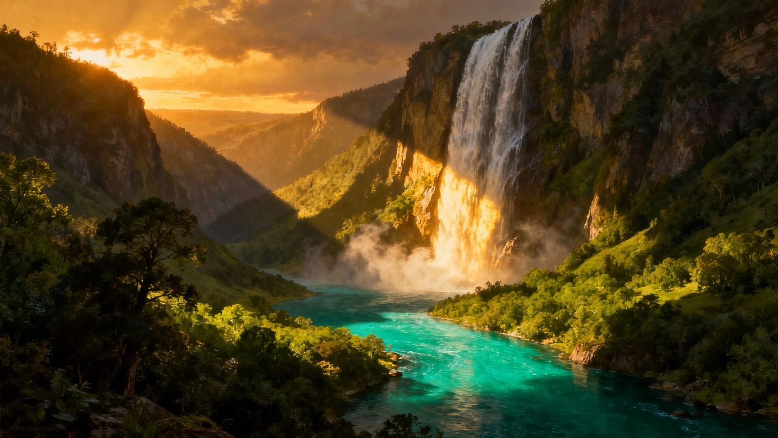 Majestic Waterfall in Verdant Valley at Sunset