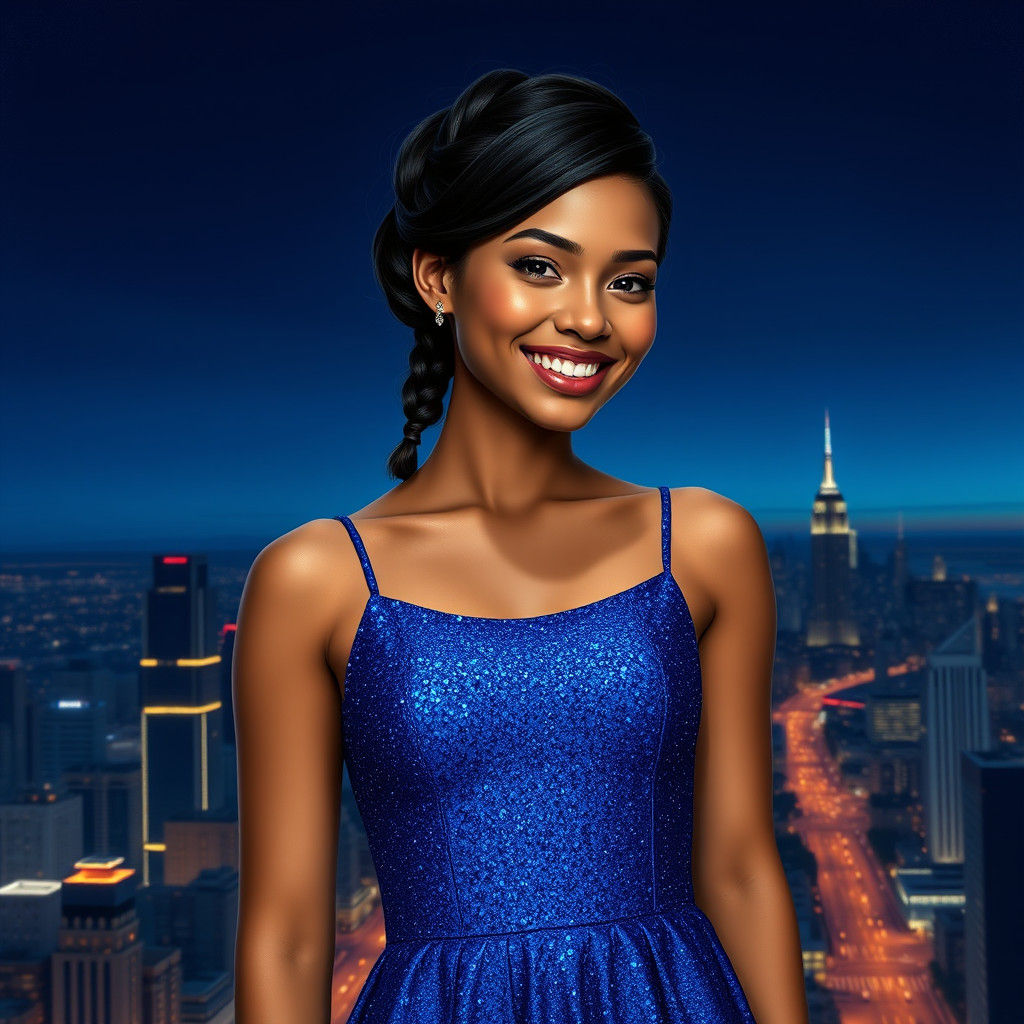 Woman in Blue Dress in Cityscape, Matte Painting