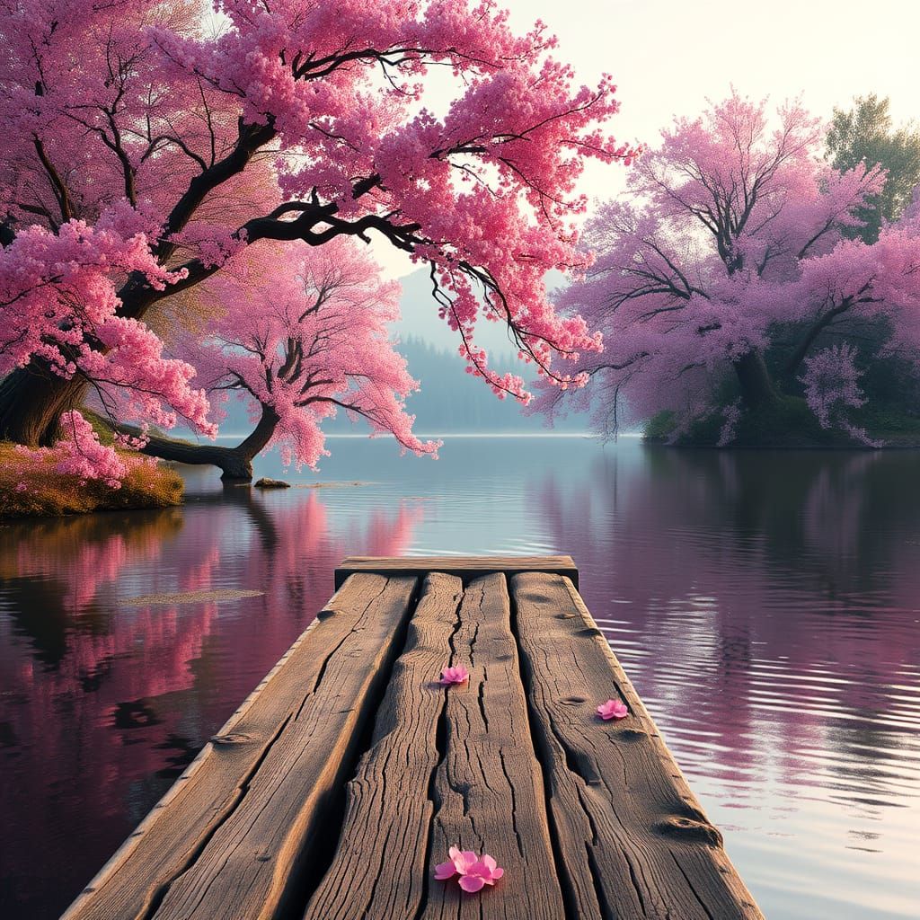 Pink Trees Reflect on Lake: Impressionist Style