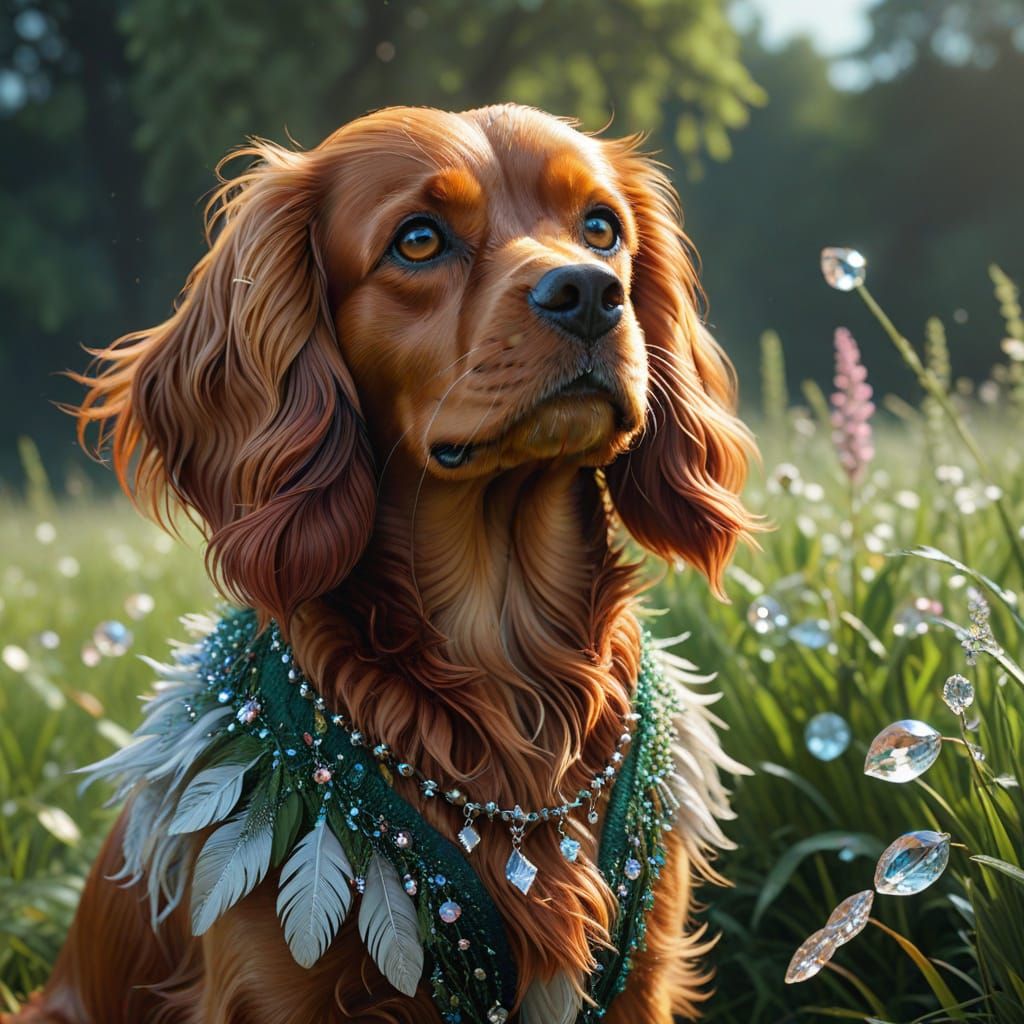 Girl with Dog in a Vibrant Field of Crystals