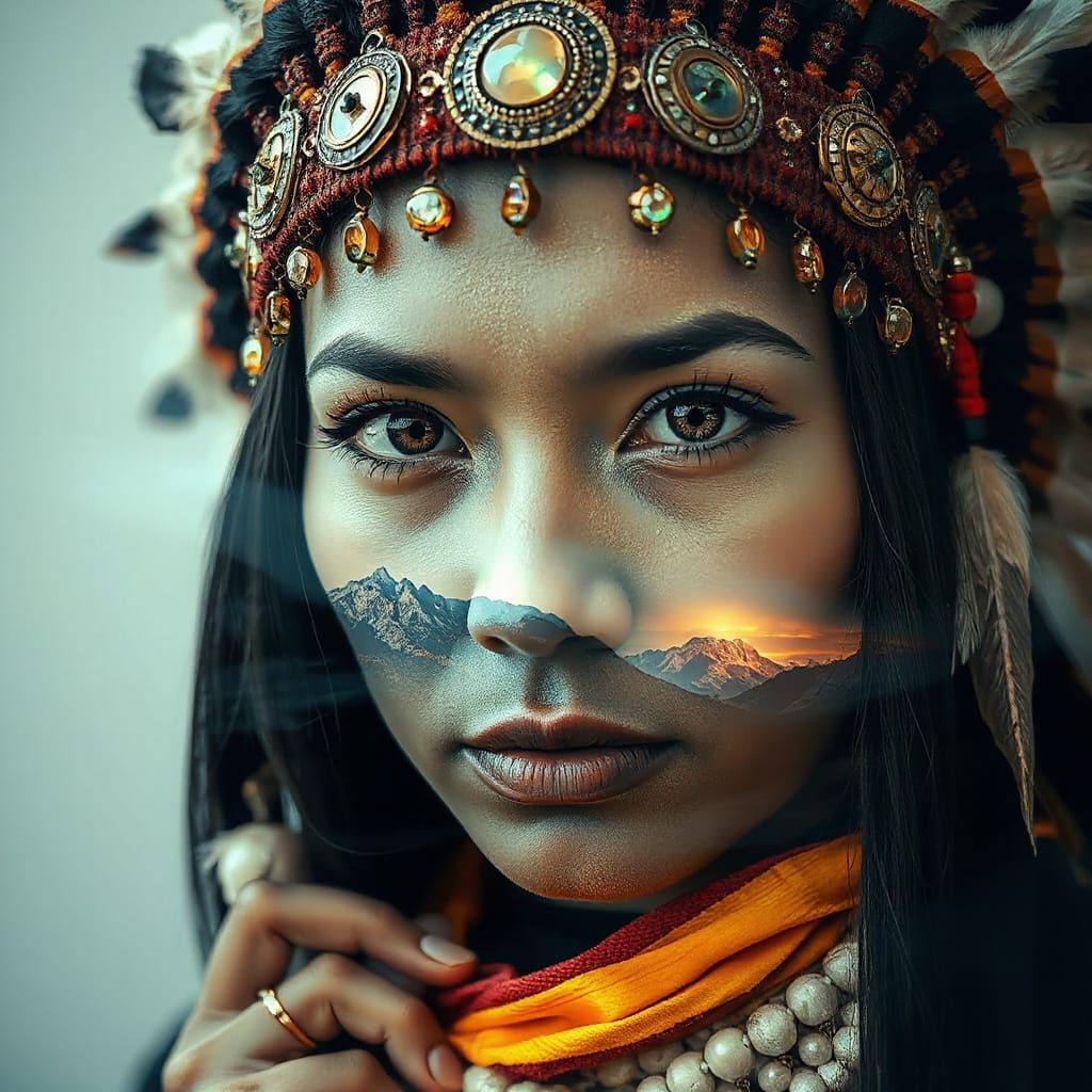 double exposure portrait Mysterious Native American Woman in...