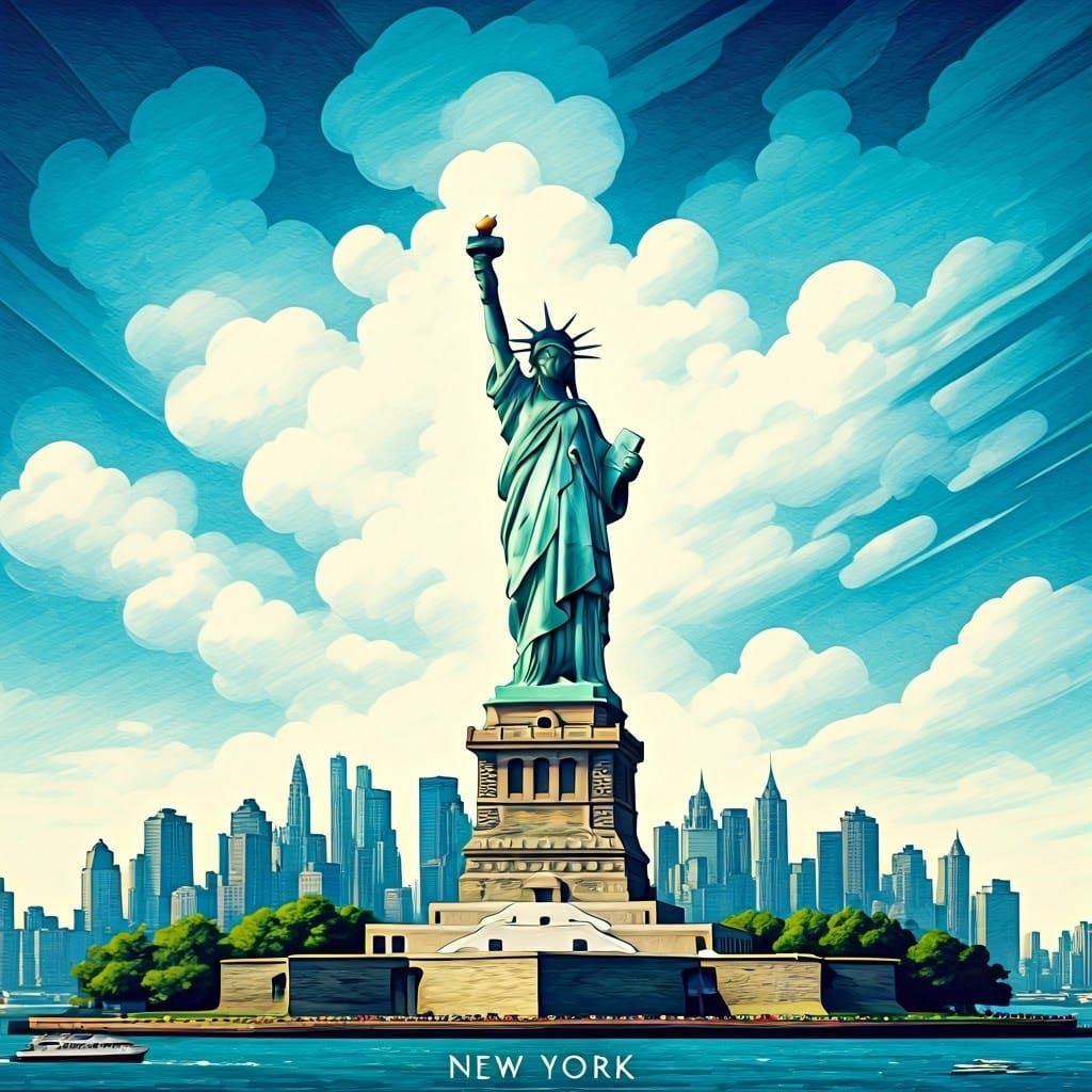 Grand Statue of Liberty Illustration in Colored Pencil Art