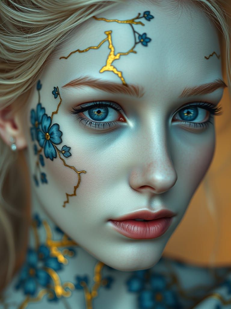 Ethereal Beauty in Porcelain Skin, Delicate Floral Patterns,...