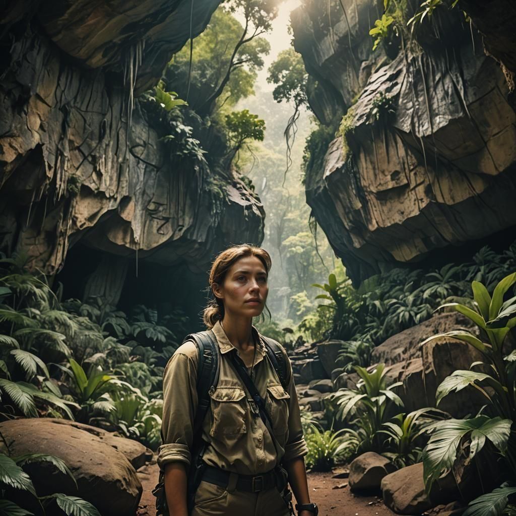 Female Explorer in Jungle Cave: Cinematic Film Still