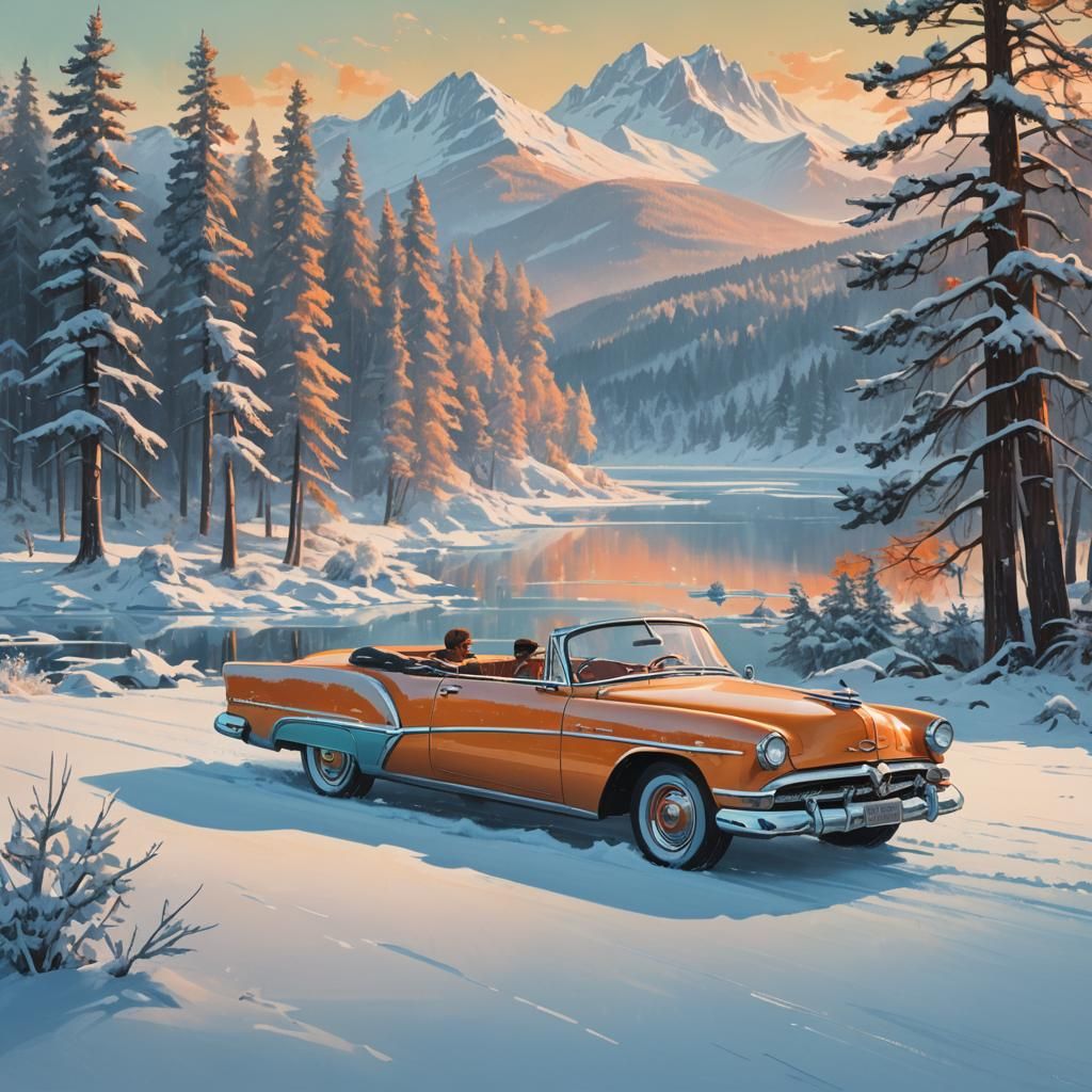 1950s Car in Winter Wonderland: Photorealistic Concept Art