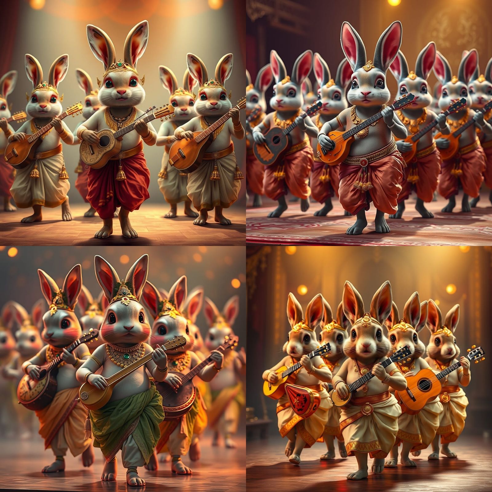 Anthropomorphic Rabbit Musicians in Traditional Indian Attir...