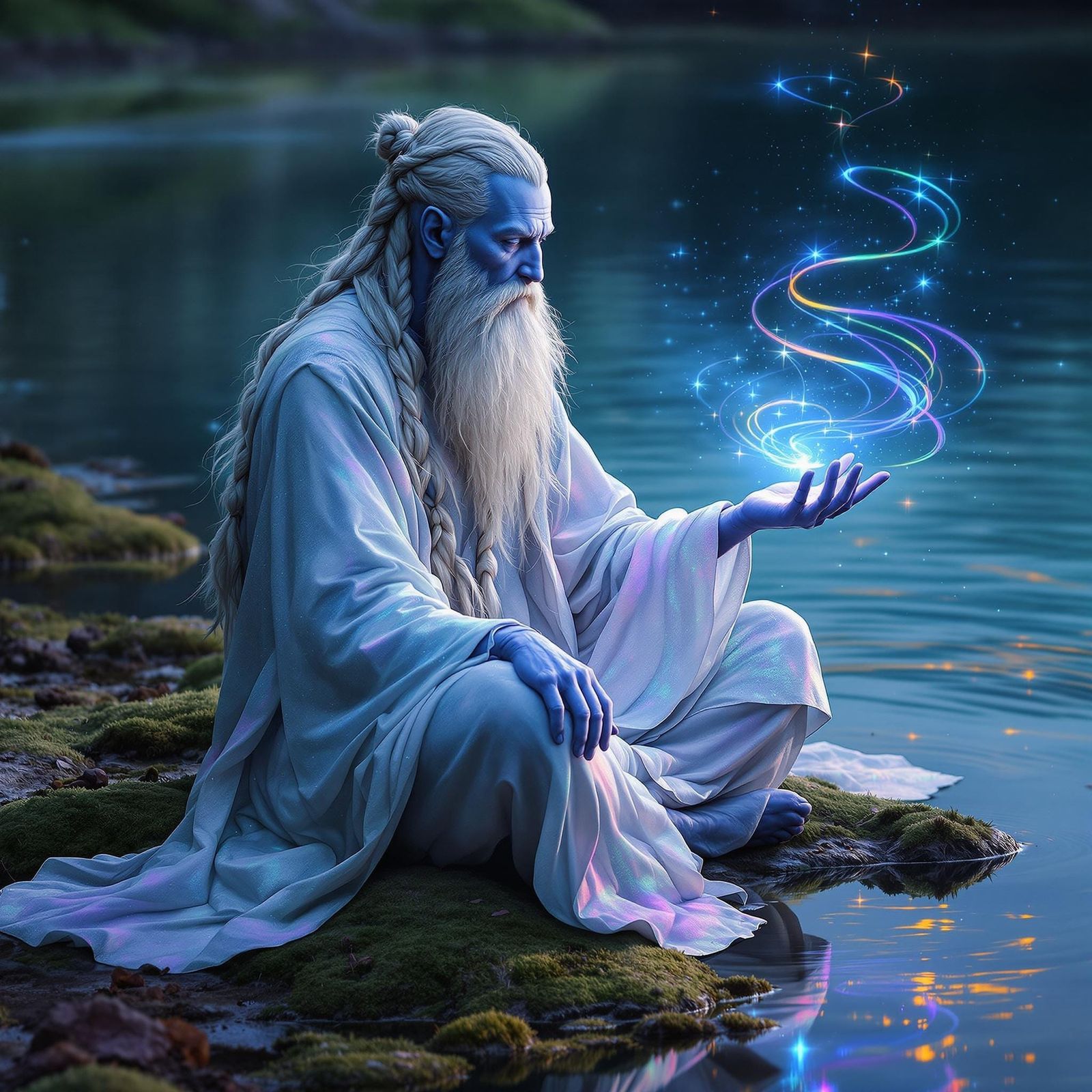 Ancient Sage with Iridescent Skin Casting Rainbow Swirls