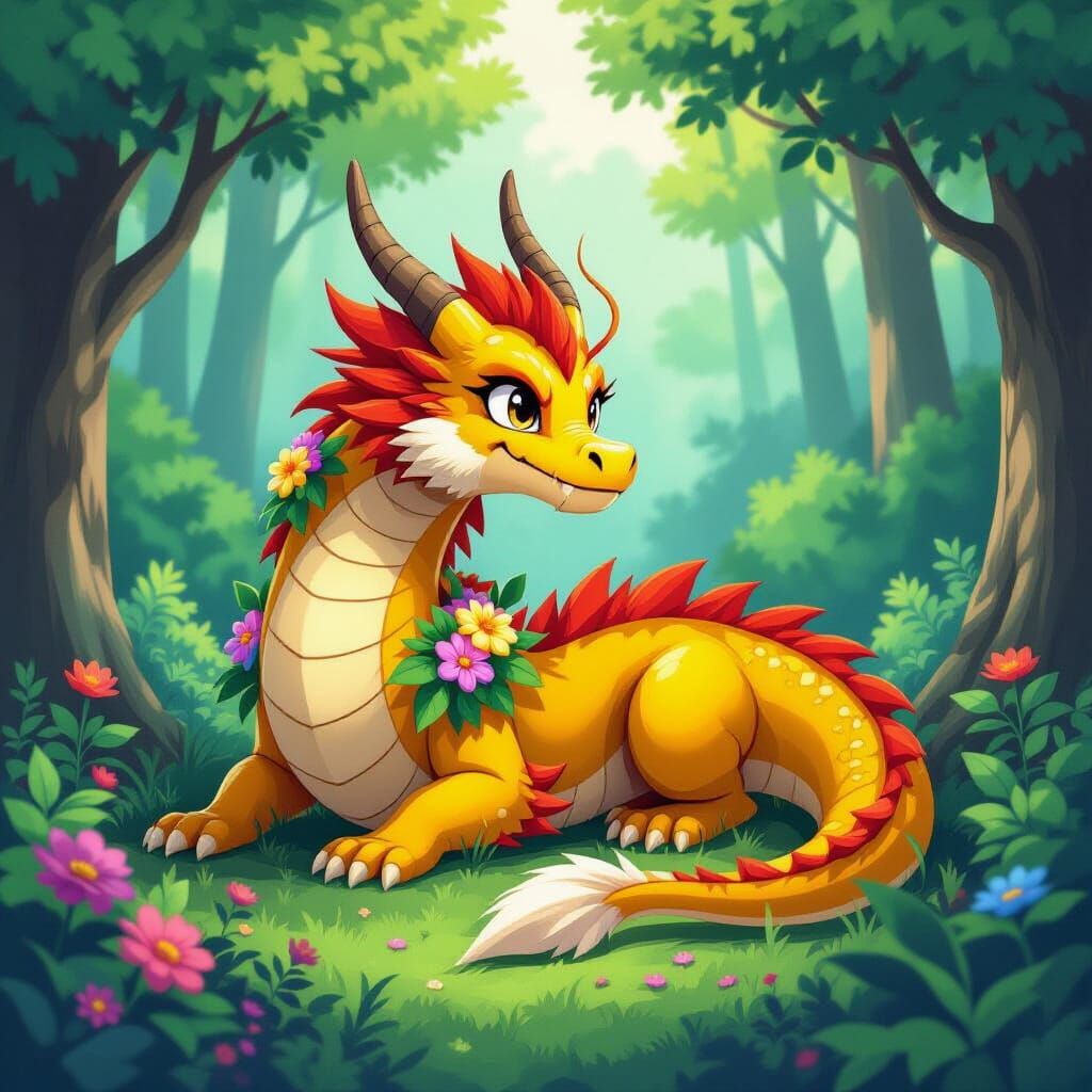 Lush Dragon in Forest: Manga-Inspired Anime Wallpaper