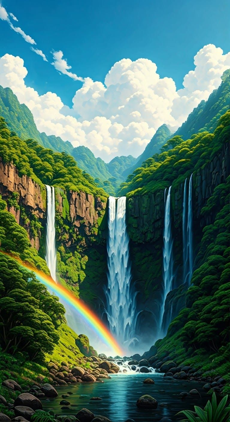 Vibrant Tropical Waterfall with Rainbow in Blue Sky