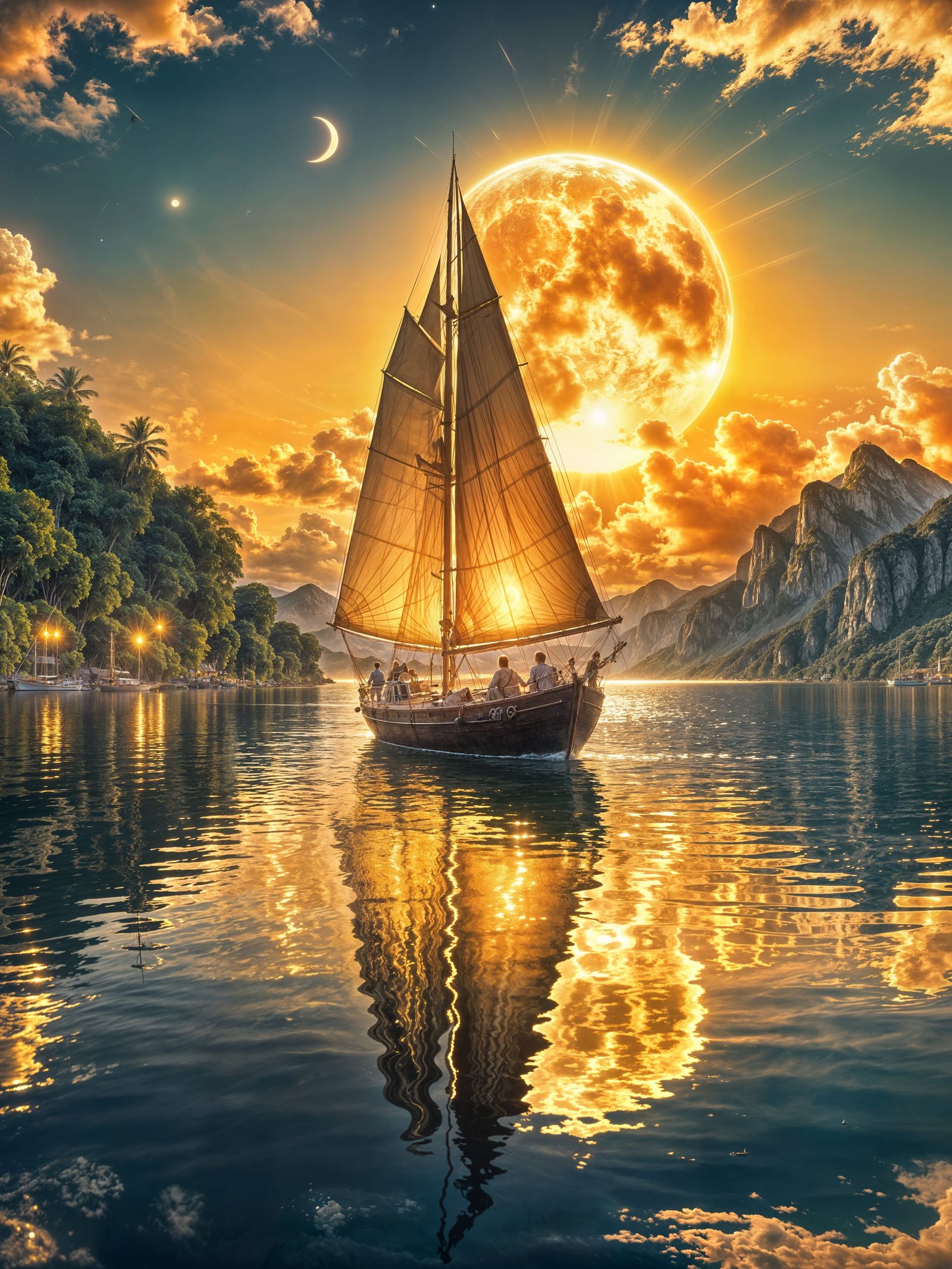 a wooden Sailboat and his reflection in the water of a golde...