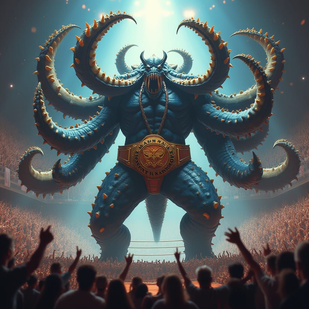 Triumphant Monster Wrestler in Biomechanical Art Style