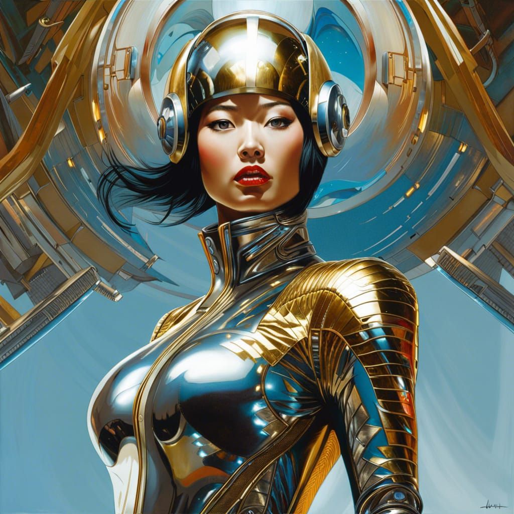 Futuristic Chinese Supermodel in Liquid Metal Spacesuit