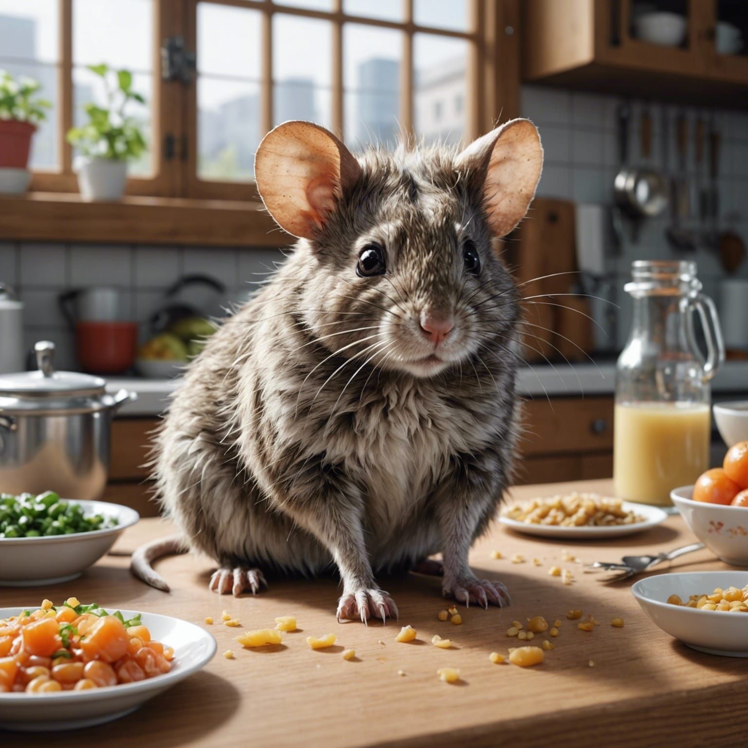 Giant Fluffy Rat on Kitchen Table, Anime Style