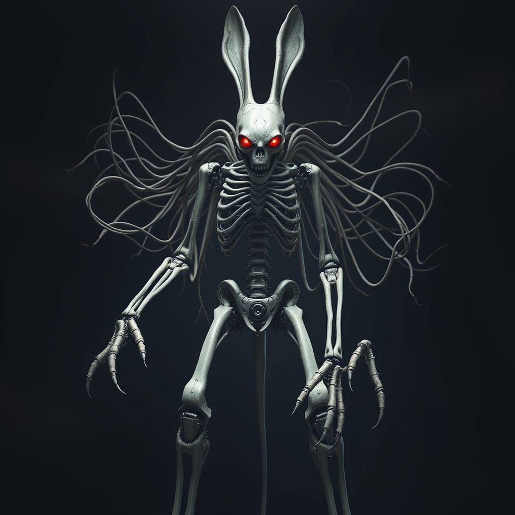 Skeletal Robot with Rabbit Ears in Dark Room