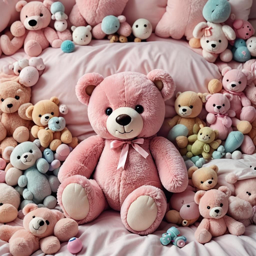 Pink Teddy Bear in Kawaii Style Illustration