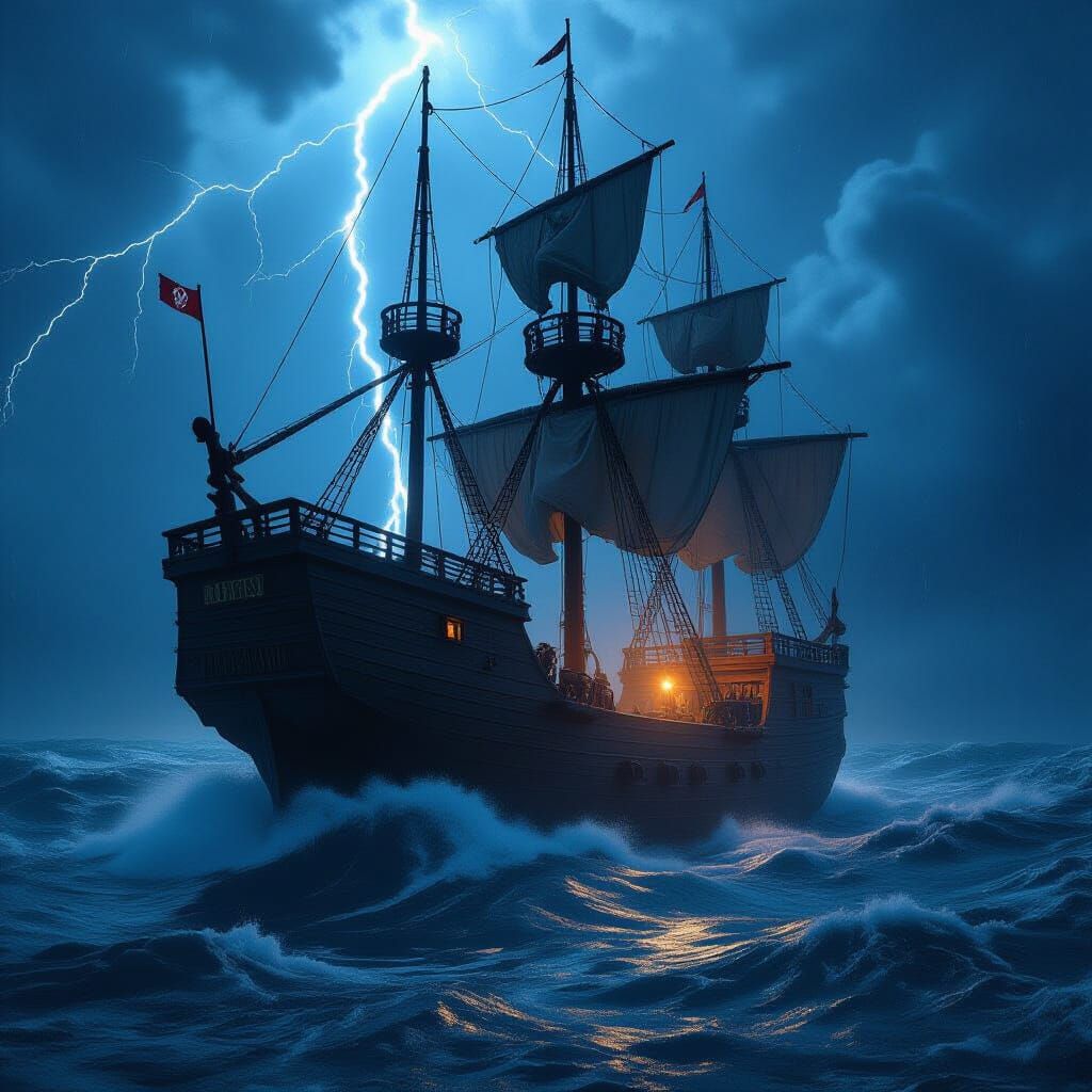 Pirate Ship Amidst Stormy Seas at Night