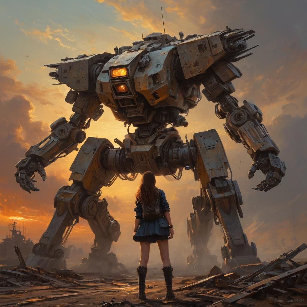 Girl on Battle-Mech in Oil Painting Style