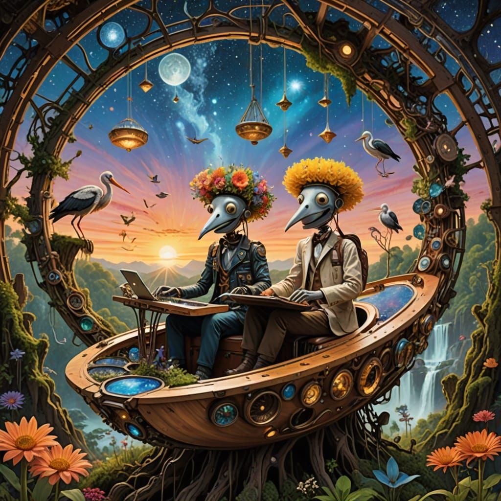 Ethereal Figures Compose Poems in Sunset Galaxy