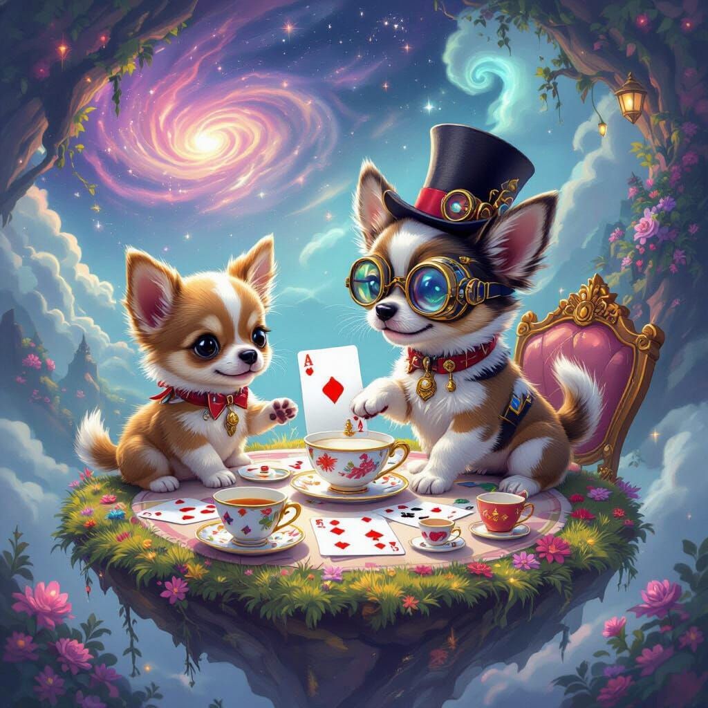 Steampunk Card Tea Party on Floating Island with Puppy