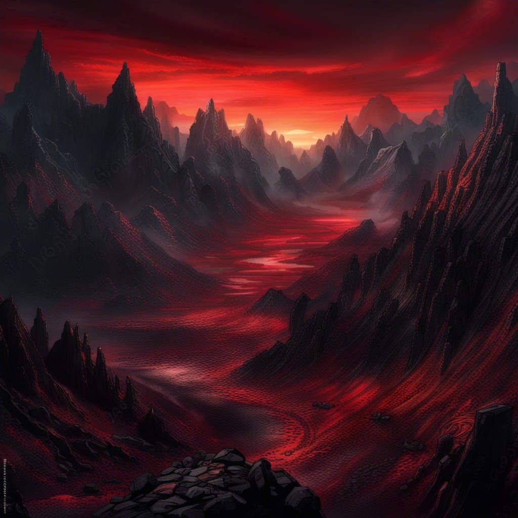 Dystopian Mountain Landscape with Bloodred Sunset